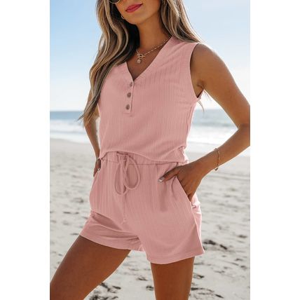 Gossamer Pink Ribbed Button V Neck Tank Top and Shorts Set