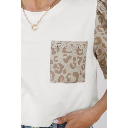 White Leopard Patchwork Crochet Lace Trim Puff Sleeve T Shirt