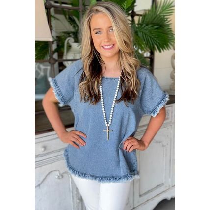 Sky Blue Raw Edge Denim Top