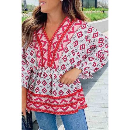 Red Geometric Print 3/4 Sleeve V-Neck Shirred Waist Flared Blouse
