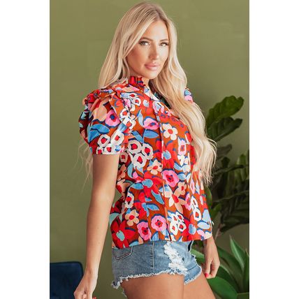 Brown Flower Print Self Tie Frilled Collar Puff Sleeve Blouse