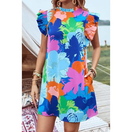 Blue Bold Floral Flutter Sleeve Shift Mini Dress with Pockets
