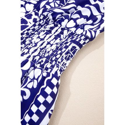 Dirty blue Shirred Waist V Neck Sleeveless Floral Print Midi Dress