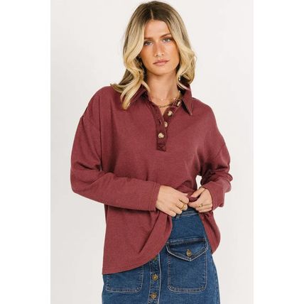 Red Dahlia Solid Color Long Sleeve Thermal Knit Polo Collar Patchwork Top