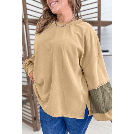 Laurel Green Exposed Seam Contrast Texture Patchwork Plus Size Drop Shoulder Pul