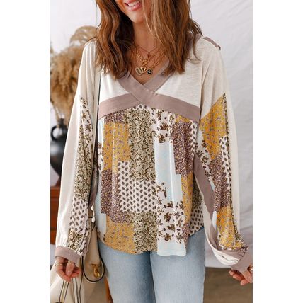 White Floral Printed Contrast Patchwork Long Sleeve Top