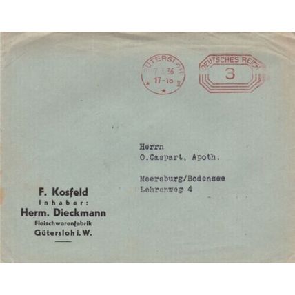 Germany 1936 F.Kosfeld Gutersloh to Meersburg Cover Metered cancel typed VGC