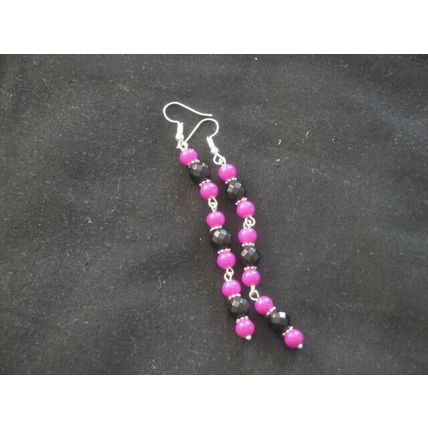 Bright cerise & faceted black crystal glass long swing earrings