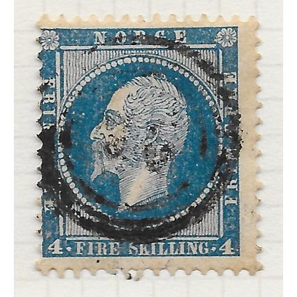 NORWAY 1856 OSCAR 1 CLASSIC FIRE SKILLING 4Sk BLUE NUERAL 36 PMK BRONNOY?