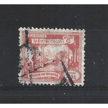 Burma.SG128 4a Elephant hauling log (Red).Fine Used.Jul25a
