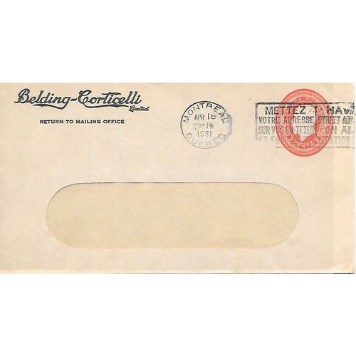 Canada #EN505-10b Special Order Postal Envelope USED 1931, Montreal