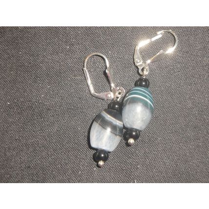 White black grey banded agate barrel leverback earrings