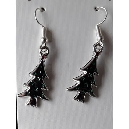 Christmas earrings. Handmade earrings, silver tone green rhinestone tree charm