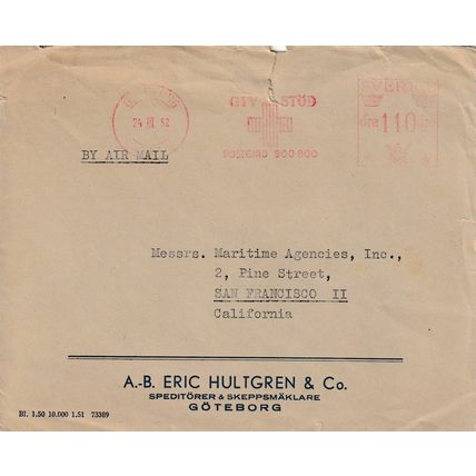 Sweden 1952 Eric Hultgren & Co Goteburg-San Francisco Metered Cover Tear front