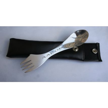 PERSONALISED STAINLESS STEEL SPORK WITH ANY NAME OR WORD & CARRY POUCH