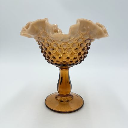 Fenton Art Glass Root Beer Opalescent Gradient Hobnail Ruffled Compote 6”