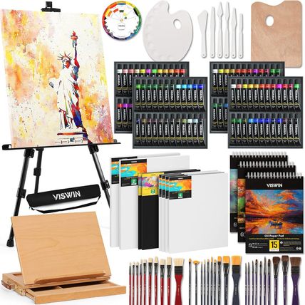 VISWIN All-In-One Art Painting Set with Aluminum & Beech Wood Easel, 96 Acrylic,