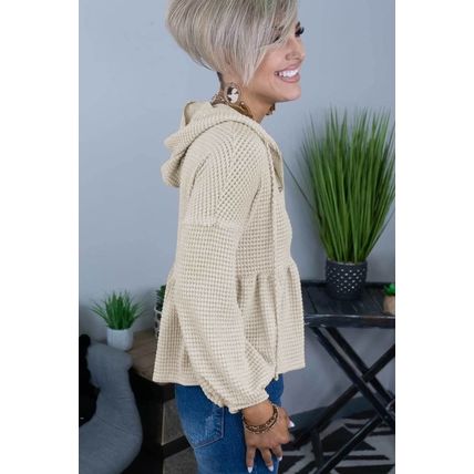 Apricot Waffle Knit Buttons Ruffled Hooded Top