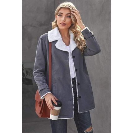 Gray Lapel Collar Button Fleece Jacket