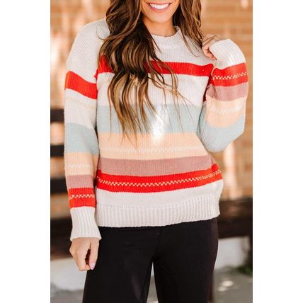 Crew Neck Drop-shoulder Striped Color Block Sweater