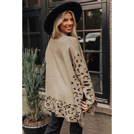 Khaki Leopard High Neck Side Slit Oversized Sweater