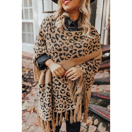 Leopard Plus Size Tasseled Hem Draped Poncho
