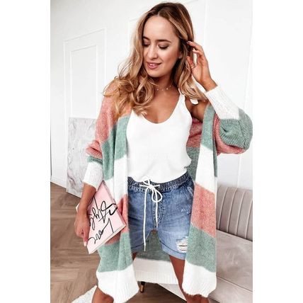 Green Colorblock Stripe Open-Front Cardigan