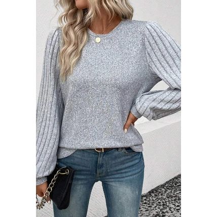 Gray Contrast Ribbed Bishop Sleeve Top
