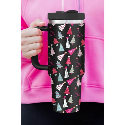 Black Cartoon Christmas Tree Printed Thermos Cup