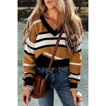 Brown Stripe Contrast Stripes V Neck Textured Knit Sweater