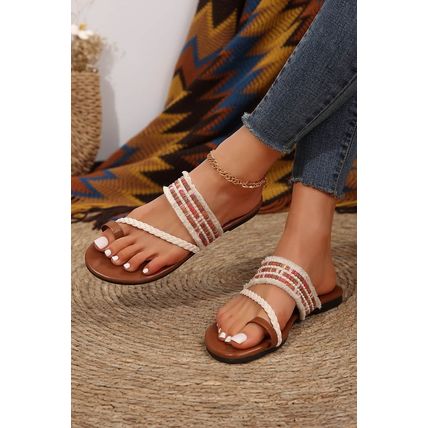 White Beaded Embroidered Braided Strap Thong Slippers