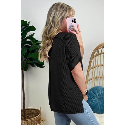 Black Textured Knit Exposed Stitching T-shirt