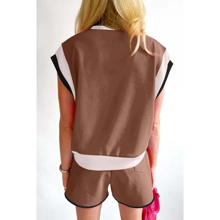 Coffee Contrast Trim Cap Sleeve Tee Shorts Set