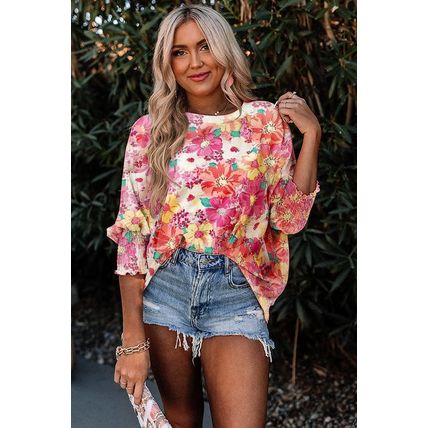 Pink Shirred Cuffs 3/4 Sleeve Floral Blouse