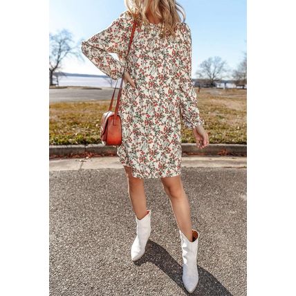 White Floral Printed Long Sleeve Mini Dress