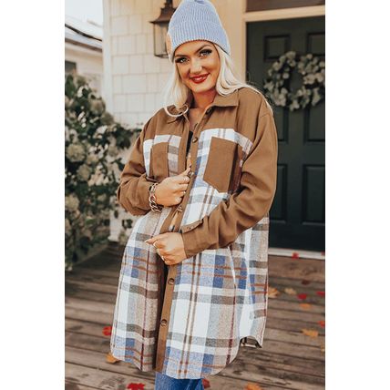 Khaki Plaid Patchwork Long Sleeve Shirt Mini Dress