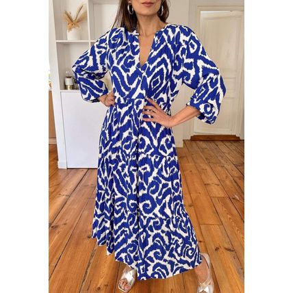 Blue Western Abstract Geometric Printed Maxi Dress