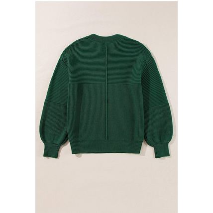 Blackish Green Textured Knit Crewneck Lantern Sleeve Sweater