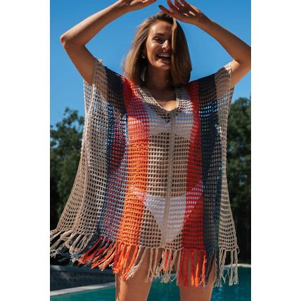 Multicolor Striped Tassel Crochet V Neck Beach Cover Up