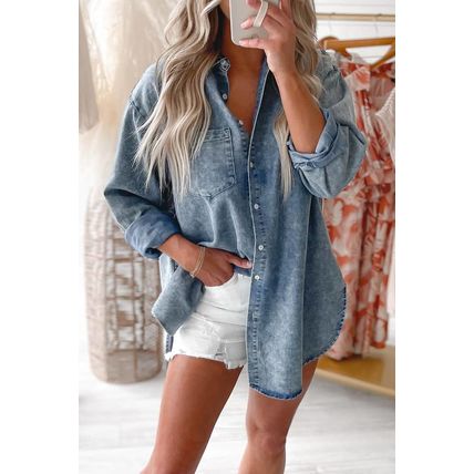 Sky Blue Vintage Washed Chest Pocket Denim Shirt
