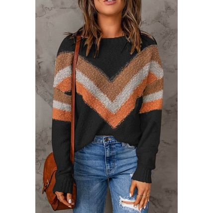 Multicolor Black Chevron Striped Drop Shoulder Sweater