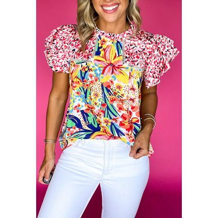 Red Floral Mixed Print Ruffle Cap Sleeve Blouse