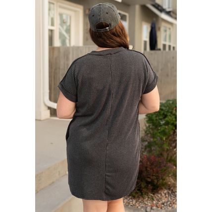 Carbon Grey Corded V Neck Plus Size T Shirt Dress with Pockets