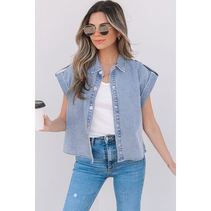 Dusk Blue Denim Pinup Folded Cap Sleeve Shirt