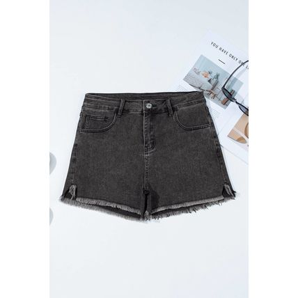 Carbon Grey Raw Hem High Waist Denim Shorts