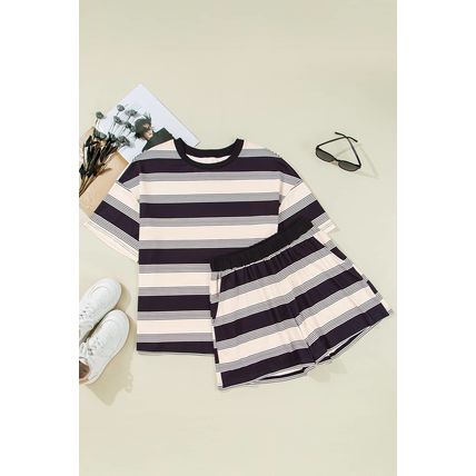 Black Stripe Short Sleeve T Shirt and High Waist Pocketed Shorts Set
