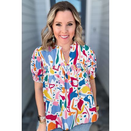 White Abstract Print Shirred Cuff Puff Sleeve Plus Size Blouse