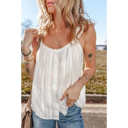 White Lace Crochet Ruffled Buttoned Loose Fit Tank Top