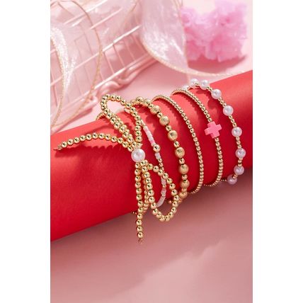 Gold Bow Knot Pearl Decor Beaded Plated Layered Bracelet