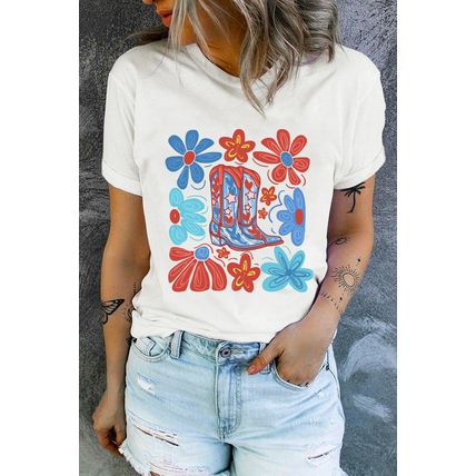 White Floral Cowgirl Boots Print Independence Day T Shirt